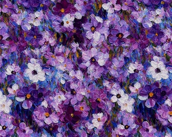 Purple Floral Fabric - Oil Painting Floral Pattern Fabric - By The Half Yard - 100% Cotton Fabric - Quilting Fabric