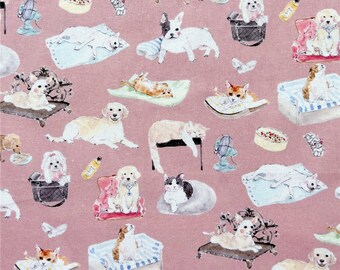 Dog Cat Fabric - Kitten Kitty Fabric - Animal Cartoon Fabric - 100% Cotton Fabric - Quilting Fabric - Sold by The 1/2 Yard