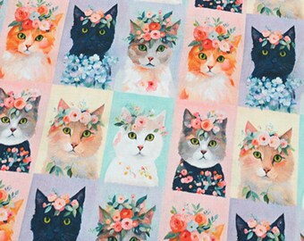 Pastel Cat Portrait Cotton Fabric - Cartoon Fabric - Quilting Fabric - Sold by The 1/2 Yard
