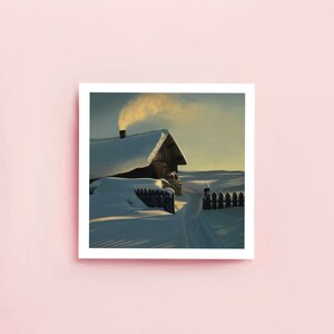 Premium Mini Fine Art Print | Hütte im Schnee | Aquarell | 13 x 13cm