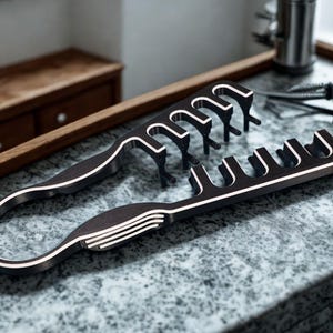 May include: Two black and white kitchen tools with a unique design are displayed on a countertop. The tools have a handle and a comb-like structure with curved edges. The tools are made of a dark material with white accents.