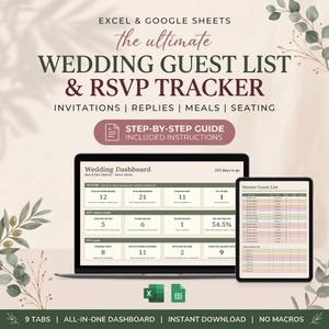 Wedding Guest List and RSVP Tracker | Seating Chart, Meal Planner, Dashboard | Excel & Google Sheets