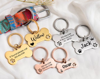 Gepersonaliseerde hond ID-tag, botvorm, zilver zwart goud regenboog dog tag, aangepaste dog tag, gegraveerd huisdier naamplaatje, roestvrijstalen halsband ID-tag