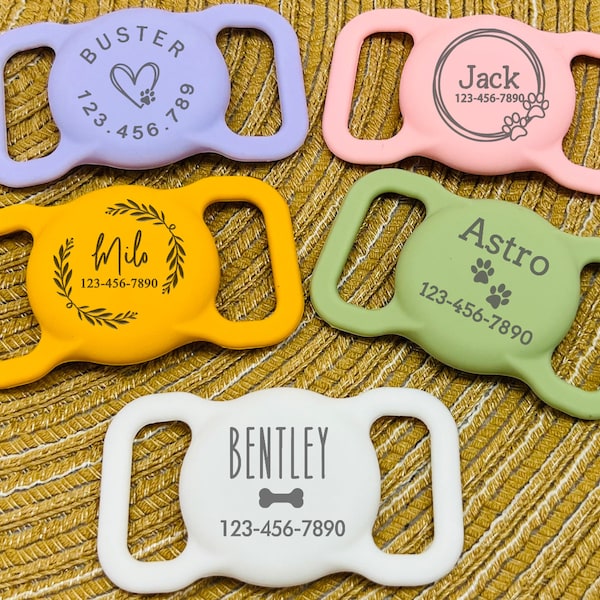 Soporte de etiqueta de aire de manzana para mascotas para collar de perro Funda de etiqueta de aire grabada personalizada Soporte de collar de mascota de silicona Cubierta de collar de perro AirTag Collar de etiqueta de perro