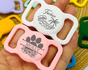 Pet AirTag Collar Holder,Slide on Dog Name Tag,Custom AirTag Cat Collar,Silicone Slient Air Tag Case,Engraved Air Tag Case for Dog Collar