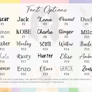 May include: A chart with 25 different font options for pet names. The fonts are labeled with numbers F1 through F25. The text "Font Options" is at the top of the chart.