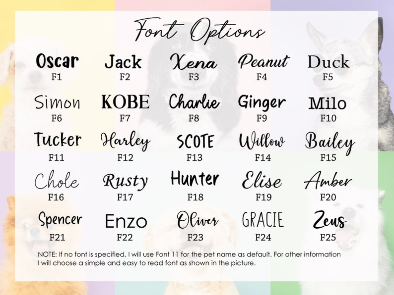 May include: A chart with 25 different font options for pet names. The fonts are labeled with numbers F1 through F25. The text "Font Options" is at the top of the chart.