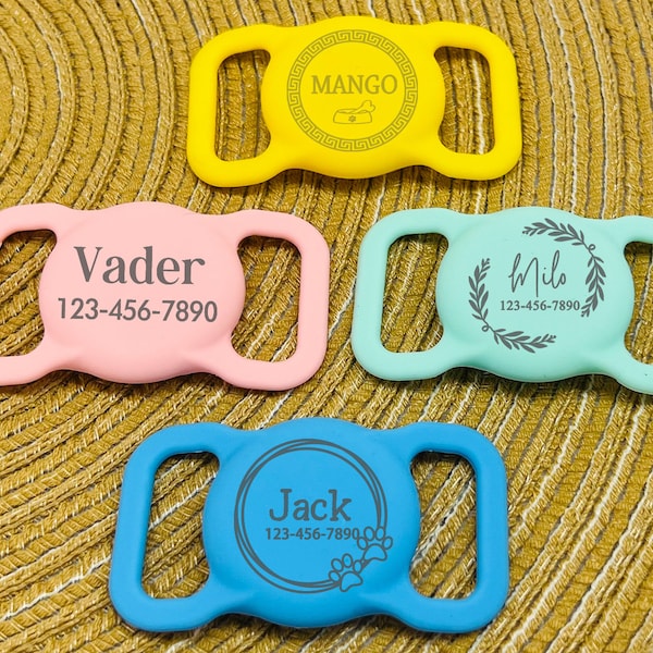 Étui de protection en silicone gravé pour étiquette de chien, étui de protection silencieux pour étiquette de chien, étui personnalisé pour étiquette d'air pour animal de compagnie, porte-collier à glissière pour animal de compagnie/chien/chat