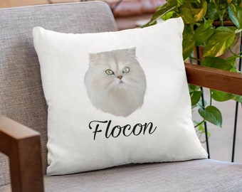 Coussin chat persan blanc personnalisable avec nom