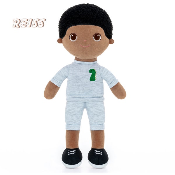 Reiss ( Dinosaur ) : Personalised Boy Plush Doll, Baby Shower Gift, Baby Name, African American, Afro,Rag Doll , Black boy doll, Melanin.