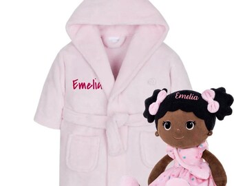 Baby Embroidered Personalised Robe, Dressing Gown Including Black Soft Doll Bundle, Personalised Doll, African American Doll, Plush Doll