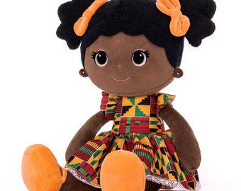 Mabel Doll - Kente Free: personalisatie, pluche poppen, kinderlapjescadeau, kraamcadeau, Afrikaanse print, lappenpop, zwarte pop, zwarte geschiedenis