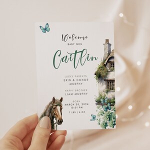Tarjeta de anuncio de nacimiento de Countryside Cottage / Tarjeta de agradecimiento de nuevo bebé / Anuncio de recién nacido elegante / Nueva tarjeta de bebé 2024 / Amante de los caballos
