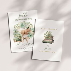 Hermosa tarjeta de anuncio de nacimiento de Books / Tarjeta de agradecimiento para amantes de los libros / Anuncio de recién nacido / Nuevo bebé 2025 con foto / Arte de pared para guardería