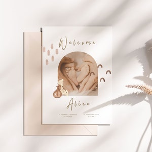 Anuncio de nacimiento boho / Anuncio de recién nacido natural personalizado / Tarjeta de agradecimiento para bebé / Nueva tarjeta de bebé 2024 con foto / Tarjeta de nuevos padres