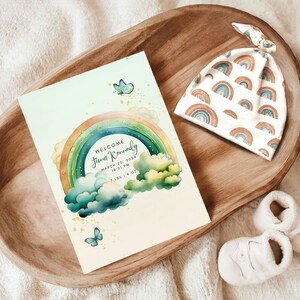 Tarjeta de anuncio de nacimiento de arcoíris / Tarjeta de agradecimiento por un nuevo bebé / Regalo de anuncio de un recién nacido / Tarjeta de nuevo bebé 2025 / Arte de pared para la habitación de un bebé / Naturaleza