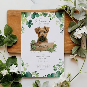 Anuncio de nacimiento de hermano mayor/hermana de perro / Tarjeta de agradecimiento de nuevo bebé / Anuncio de recién nacido / Nuevo bebé 2024 / Arte de pared / Naturaleza verde de clavo