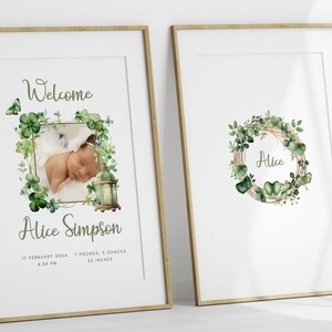 Faire-part de naissance de guirlande verte | de remerciement de guirlande | Faire-part nouveau-né | Nouvelle carte bébé 2025 avec photo | Décoration murale pour chambre d'enfant