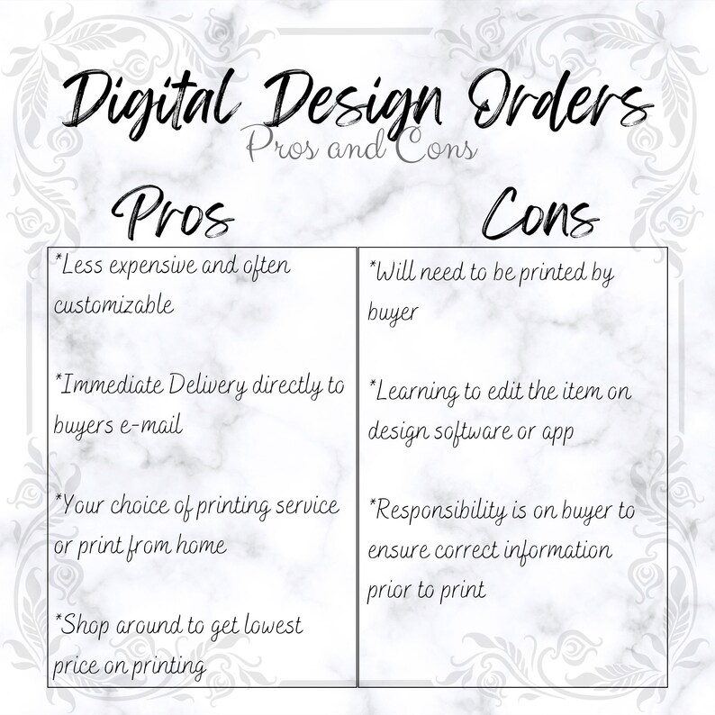 Pode incluir: Gr&aacute;fico que mostra os pr&oacute;s e os contras dos pedidos de design digital, sobre um fundo de m&aacute;rmore. Os pr&oacute;s incluem menor custo, personaliza&ccedil;&atilde;o e entrega imediata. Os contras incluem a impress&atilde;o pelo comprador e a aprendizagem de software.