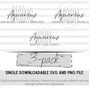 pack de 3 signe du zodiaque verseau soleil lune et lever | Fichier PNG SVG | astrologie | horoscope