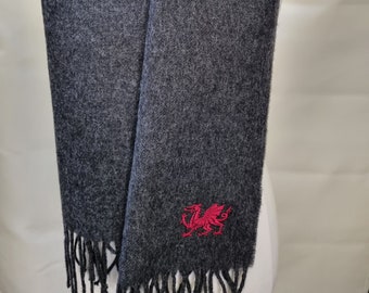 Lambswool Scarf Charcoal with Dragon Embroidery D3