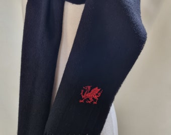 Lambswool Scarf Black with Dragon Embroidery