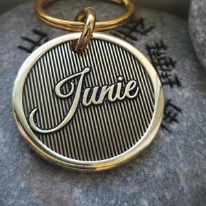 May include: A gold-coloured, circular pet tag with the name "Junie" in elegant script. The tag has a vertically striped background and a gold ring for attachment. The tag is resting on a grey stone surface.
