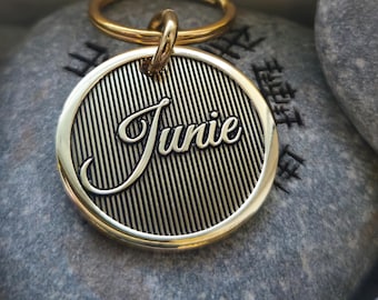 Shiny Stripes Custom Deep Engraved Brass Pet Tag, Mirror Finish, Personalized Dog Tag, ID tag, Brass Dog Tag, pattern Dog Collar Tag