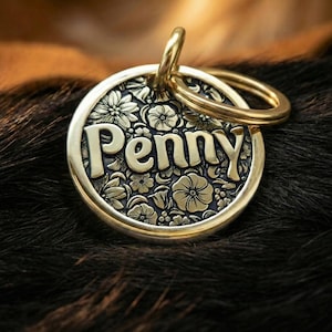 Glanzend bloemen op maat diepgegraveerd messing huisdiertag, spiegelafwerking, gepersonaliseerde hondenpenning, ID-tag, messing hondenpenning, halsbandtag