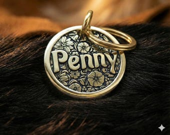 Shiny Floral Custom Deep Engraved Brass Pet Tag, Mirror finish, Personalized Dog Tag, ID tag, Brass Dog Tag, Dog Collar Tag