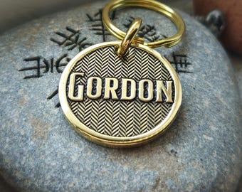 Shiny Herringbone Custom Deep Engraved Brass Pet Tag, Mirror finish, Personalized Dog Tag, ID tag, Brass Dog Tag, pattern Dog Collar Tag