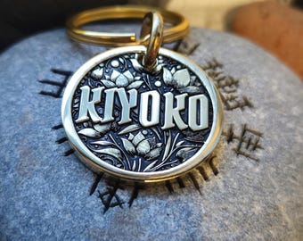 Shiny Tulip Custom Deep Engraved Brass Pet Tag, Mirror finish, Personalized Dog Tag, ID tag, Brass Dog Tag, Floral Dog Collar Tag