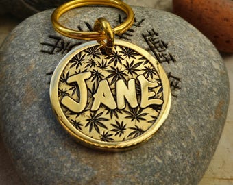 Shiny Hemp Leaf pattern Custom Deep Engraved Brass Pet Tag, Mirror finish, Personalized Dog Tag, ID tag, Brass Dog Tag, Dog Collar Tag