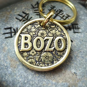 Floral Custom Deep Engraved Brass Pet Tag, Personalized Dog Tag, ID tag, Brass Dog Tag, Dog Collar Tag