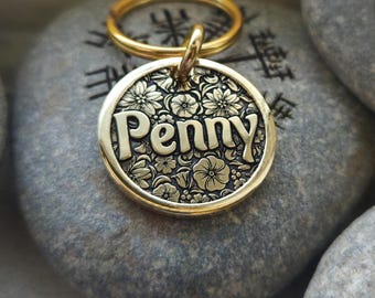 Shiny Floral Custom Deep Engraved Brass Pet Tag, Mirror finish, Personalized Dog Tag, ID tag, Brass Dog Tag, Dog Collar Tag