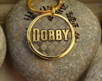 Shiny Basket Weave pattern Custom Deep Engraved Brass Pet Tag, Mirror finish, Personalized Dog Tag, ID tag, Brass Dog Tag, Dog Collar Tag