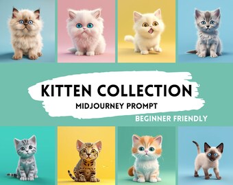 Prompt di metà viaggio per gattini carini, arte Ai, arte AI di metà viaggio, suggerimenti per gattini, arte digitale, download digitale
