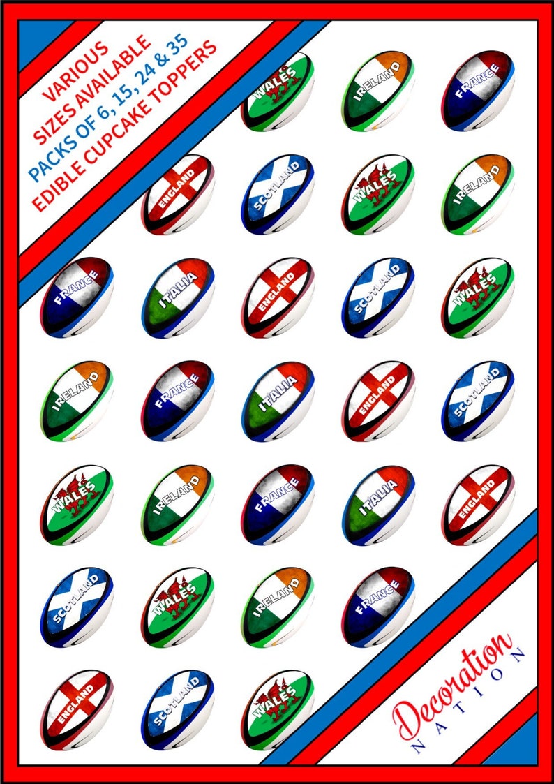 35 X 6 Nations Rugby Balls Mix - Edible Wafer or Icing Cupcake Toppers ...