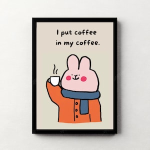Kaffee Poster Hase Print Kawaii druckbare Wandkunst Pop Poster Hase und Kaffee Cartoon Poster niedlich Wohnkultur Kunstdruck koreanisches Poster Kiyo