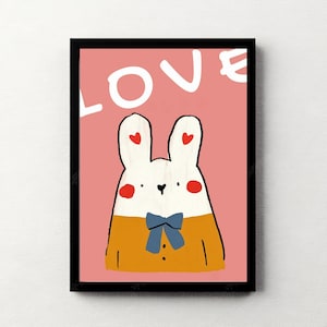 Póster de amor propio, arte de pared de conejo, póster de arte pop imprimible kawaii, póster de dibujos animados con forma de corazón de conejo, impresión artística de decoración linda, póster coreano Kiyo