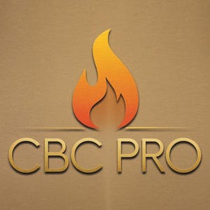 Puede incluir: Un logotipo con una llama naranja estilizada y el texto "CBC PRO" en letras doradas.