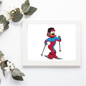 May include: A cartoon character wearing a red and blue ski suit and a helmet is skiing down a slope. The character has a yellow face, black hair, and a mustache.