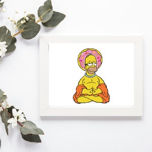 May include: A yellow cartoon character with a donut halo sits in a meditative pose with orange robes. The character has a serious expression and is wearing a necklace.