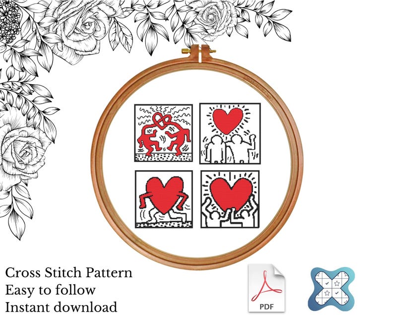 May include: A cross-stitch pattern displayed in a wooden embroidery hoop. The design features four square panels with red hearts and stick figures in a black and white color scheme. Text at the bottom reads "Cross Stitch Pattern Easy to follow Instant download."
