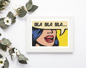 Modèle Pop Art Bla bla Femme. Modèle de point de croix moderne. PDF au point de croix Pop Art. Point de croix compté facilement.