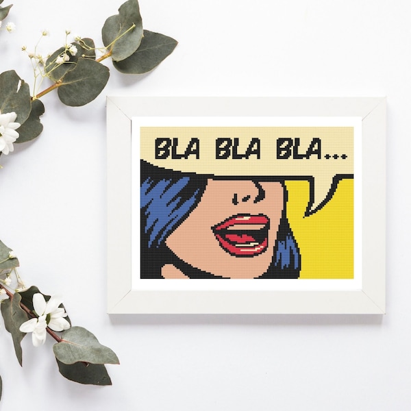 Pop Art Bla bla Woman pattern. Modern cross stitch pattern. Pop Art cross stitch PDF. Easy counted cross stitch.