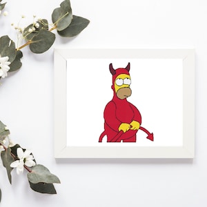 Könnte beinhalten: Gerahmter Druck mit einer Comicfigur in einem roten Teufelskostüm mit Hörnern und Schwanz. Die Figur hat gelbe Haut und hält eine Mistgabel. Der Rahmen ist weiß.