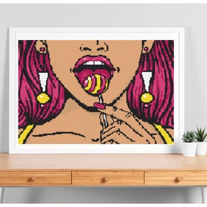 Motif Sucette Pop Art. Fille Pop Art. Modèle de point de croix moderne. PDF point de croix Pop Art. Point de croix compté facile.