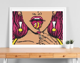 Pop Art Girl with Lollipop Cross Stitch Pattern (PDF)