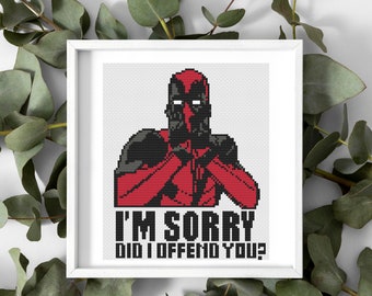 Modèle de point de croix Deadpool avec citation, parfait pour les débutants en point de croix. Adorable cadeau et décoration faits main